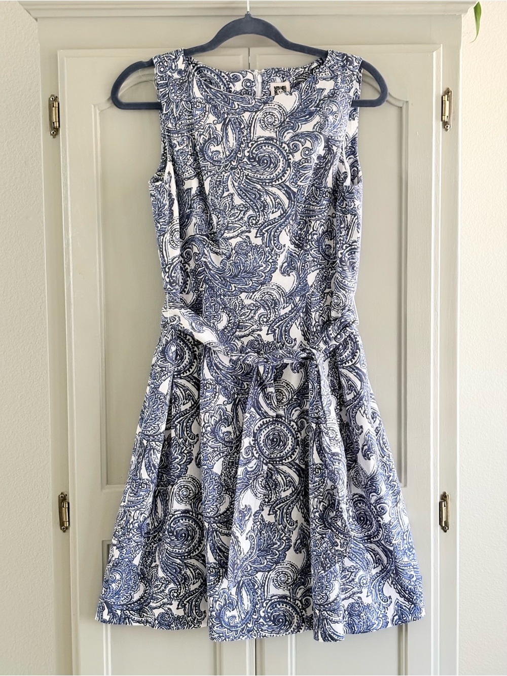 ANNE KLEIN Fit & Flare Linen Blend Paisley Dress | White & Blue | NWOT | Size 2
